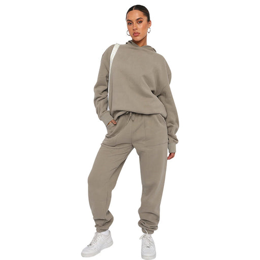 Color-Gray chip-Autumn Winter Solid Color Hooded Long Sleeve Sweater Women Clothing Casual Trousers Suit-Fancey Boutique