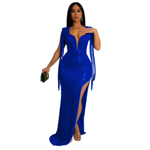 Color-Blue-Women Wear Solid Color Sequin Tassel Sleeveless V neck Backless Dress Women-Fancey Boutique