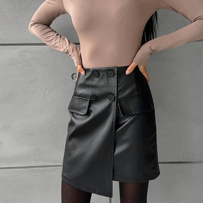 Sexy Slim Hip Fleece lined Artificial Leather A Swing High Waist Leather Skirt Autumn Skirt Women-Fancey Boutique