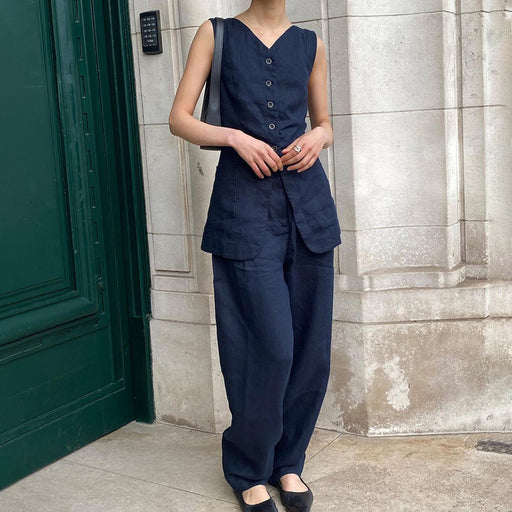 Navy Blue Sleeveless Vest Trousers Suit Summer Cinched Waist Waistcoat Slimming Two Piece Suit-Fancey Boutique