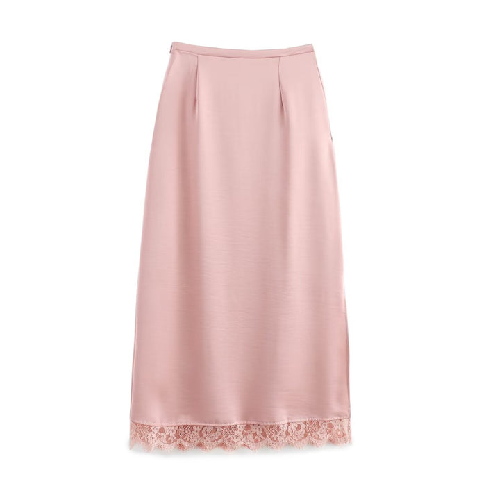 Women Simple Eyelash Lace Stitching Acetate Satin Skirt Straight Skirt-Pink-Fancey Boutique