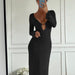 Color-Black-Autumn Winter V neck Sexy Long Knitted Dress Ring Backless Long Sleeves-Fancey Boutique