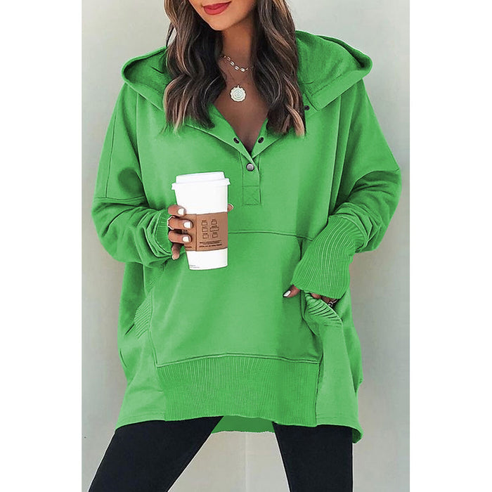 Color-Green-Loose Hooded Sweater Women Mid Length Autumn Winter Solid Color Casual Bottoming Shirt Top-Fancey Boutique