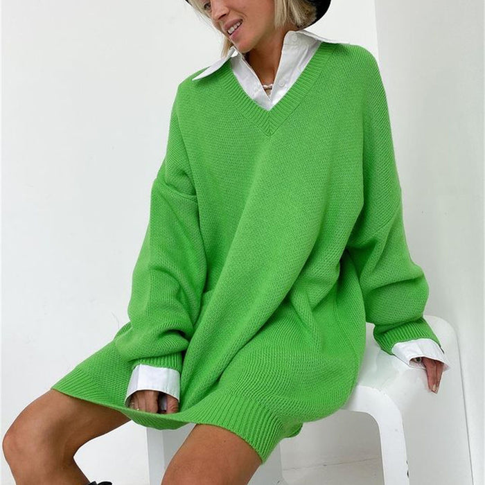 Color-Green Sweater-Autumn Winter V neck Sweater Women Oversized Long Sleeve Loose Shoulder Woolen Dress Direct-Fancey Boutique