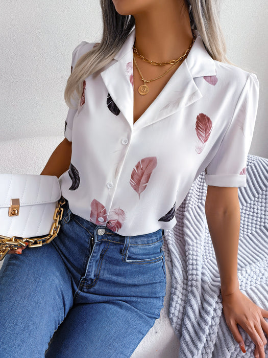 Color-Summer Elegant Collar Feather Loose Short Sleeve Shirt Women Clothing-Fancey Boutique