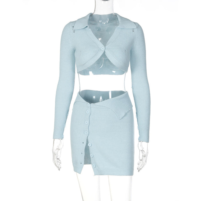 Color-skyblue-Sexy Cropped Polo Collar Long-Sleeved Top Stitching Button Split Skirt Outfit Women-Fancey Boutique