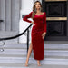 Color-Burgundy-Women Clothing Autumn Winter Slim Fit Sheath Split Chicken Collar Long Sleeve Mid Length Formal Dress Velvet-Fancey Boutique