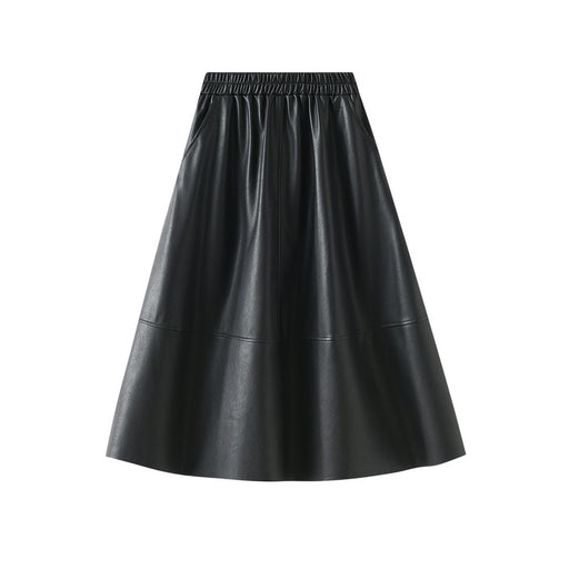 Color-Black-Artificial Leather Retro Leather Skirt Mid Length Skirt Women High Waist A Line Skirt Long Skirt Elegant Umbrella Skirt-Fancey Boutique