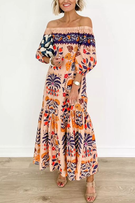 Color-Multi-Summer Retro Floral Print Off Shoulder Loose Pockets Dress Women-Fancey Boutique