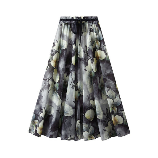 Summer Korean Floral Print Skirt Large Swing A line Wild High Waist Long Skirt for Women-Black-Fancey Boutique