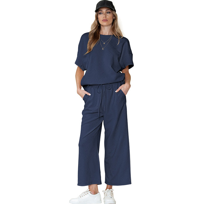 Color-Blue-Summer Solid Color Texture Casual Suit Women Thin Loose Slim Fit Drawstring Sportswear Women-Fancey Boutique