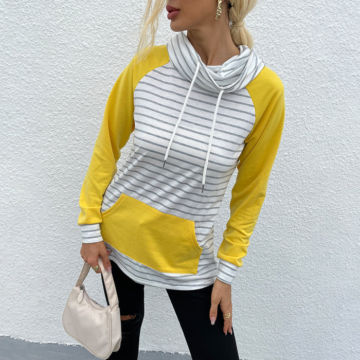 Color-Yellow-Spring Autumn Women Clothing Mock Neck Stripes Stitching Women Hoodie Top-Fancey Boutique