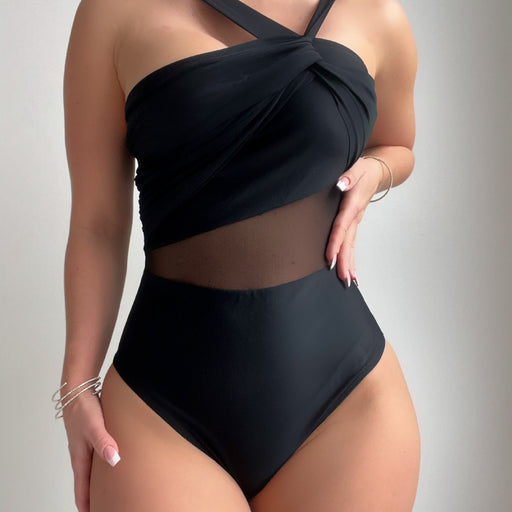 Solid Color Irregular Asymmetric Shoulder Strap Net Stitching One Piece Swimsuit-Fancey Boutique