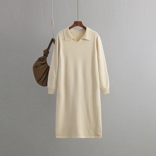 Color-Apricot-Women Clothing V neck Loose Solid Color Idle Overknee Sweater Dress Women Autumn Winter Dress-Fancey Boutique