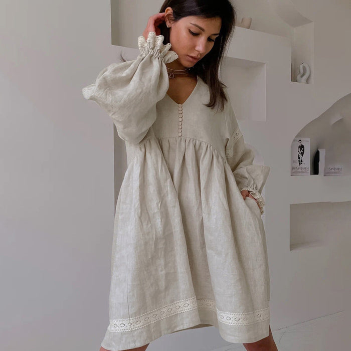 Women Clothing Summer Cotton Linen French Dress Office V neck Lantern Sleeve Loose Dress-Fancey Boutique