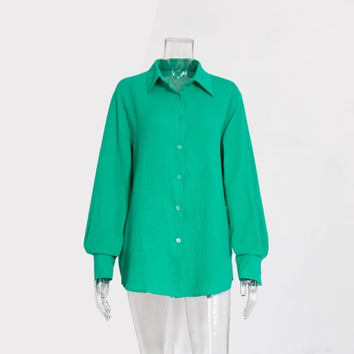 Pure Cotton Crepe Shirt Comfort Loose Elegant Polo Shirt in Spring-Dark Green-Fancey Boutique