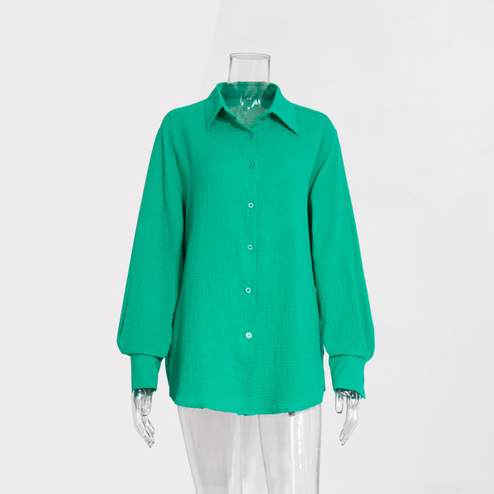 Pure Cotton Crepe Shirt Comfort Loose Elegant Polo Shirt in Spring-Dark Green-Fancey Boutique