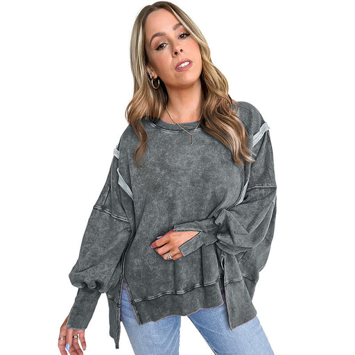 Color-Gray-Autumn Solid Color Pullover Sweatshirt Women Loose Design Split Pickling Long Sleeved Top for Women-Fancey Boutique