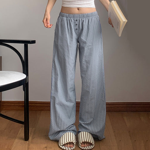 Casual Contrast Color Stripes Woven Pants Elastic Waist Design Lazy Feeling Home Casual Loose Pants-Fancey Boutique