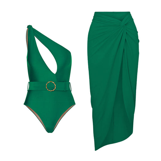 Solid Color One Piece Swimsuit Women Vacation Suit Skirt Swimsuit-Green Oblique Shoulder Swimsuit Suit-Fancey Boutique