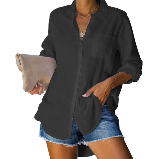 Color-Black-Women Shirt Solid Color Casual Loose Breasted Shirt Women Clothing-Fancey Boutique