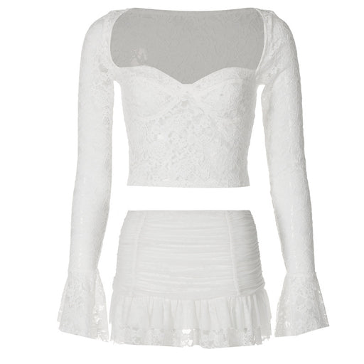 Color-White-Autumn Sexy Low Cut Bell Sleeve Lace Cropped Top Pleated Skirt Two Piece Set-Fancey Boutique