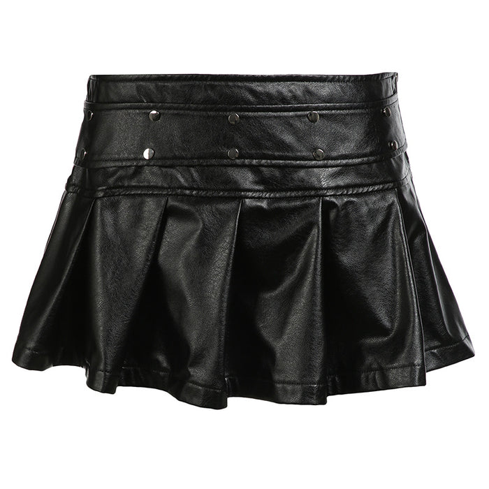 Street Locomotive Stitching Rivet Leather Miniskirt Sexy Sexy Zipper Nipped Waist Skirt Pleated Skirt-Black-Fancey Boutique