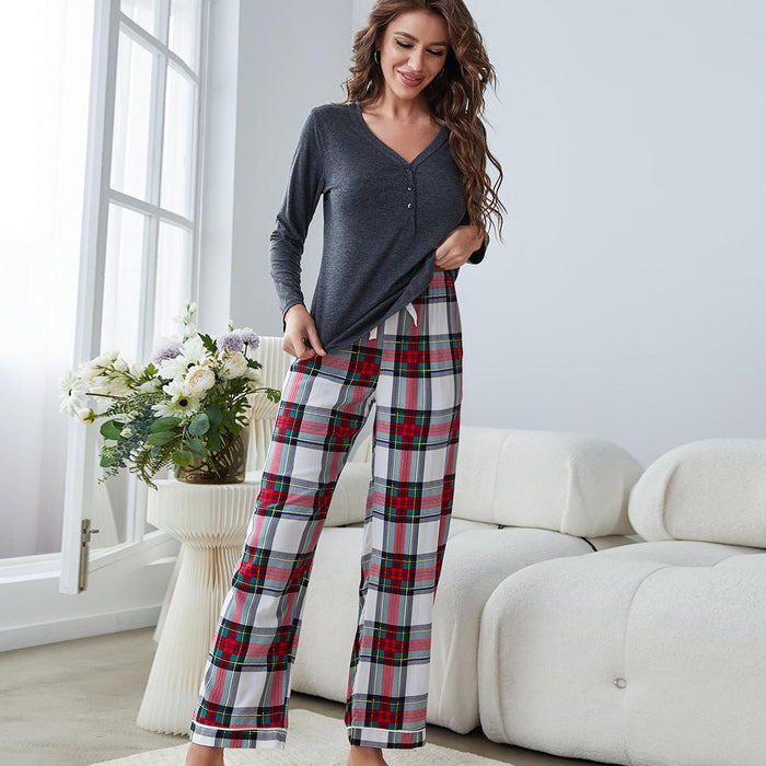 Color-Grey-Pajamas Women Long Sleeved Plaid Autumn Winter Homewear Suit Can Be Worn outside-Fancey Boutique