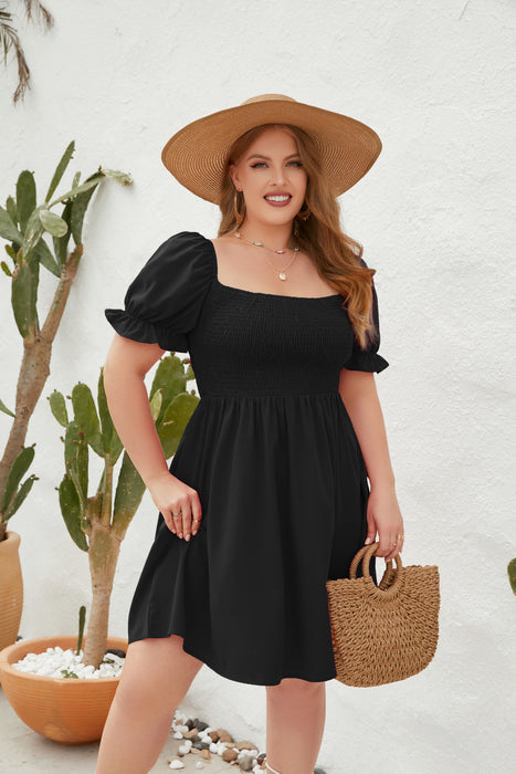 Color-Black-Plus Size Women Clothing Solid Color Casual Holiday Dress Travel Square Collar Smocking Puff Sleeve Dress-Fancey Boutique