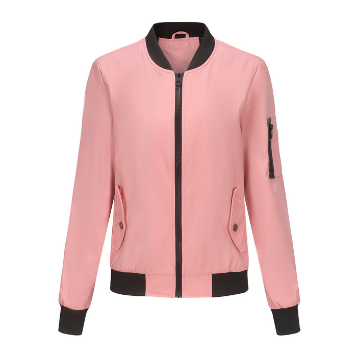 Color-Pink-Spring Autumn Thin Flight Jacket Women Casual Long Sleeve Coat Women Loose Collared Varsity Jacket-Fancey Boutique