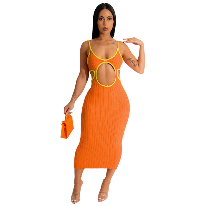 Color-Orange-Women Clothing Solid Color Hollow Out Cutout Handmade Knitted Sweater Contrasting Color Dress-Fancey Boutique