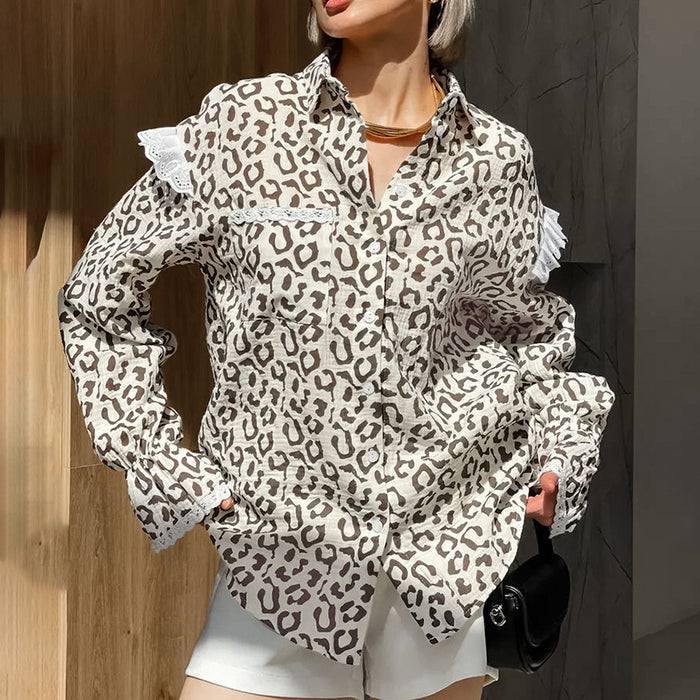 Fall Cotton Linen Casual Niche Elegant Pink Leopard Print Long Sleeved Shirt Loose Women