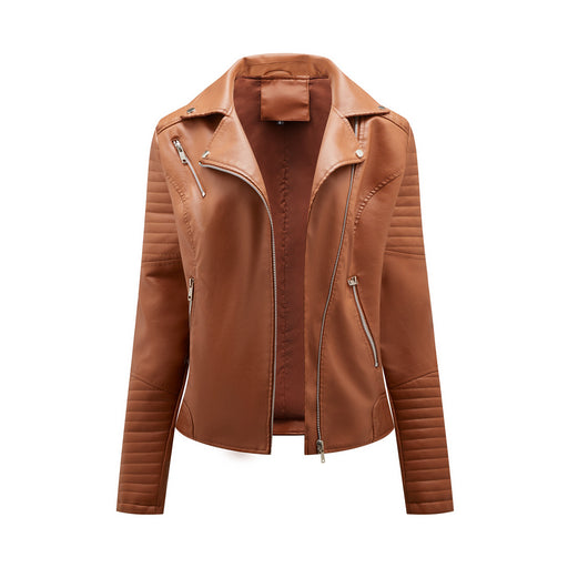 Color-Camel-Short Spring Autumn Leather Women European Size Slim Collared Motorcycle Clothing Oblique Zipper Jacket Women Coat-Fancey Boutique