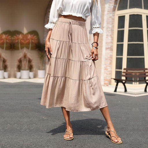 Color-Khaki-Cross-Border Summer Skirt Ruffled Pleated Solid Skirt-Fancey Boutique