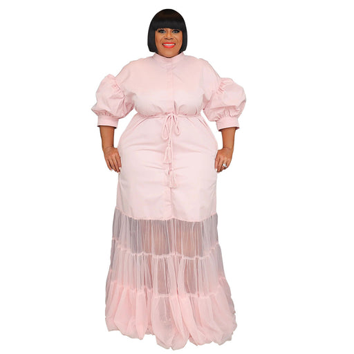 Color-Pink-Plus Size Short Sleeve Autumn Cardigan Collared Low Cut Dress-Fancey Boutique