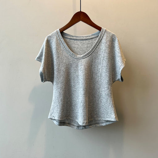 Three Dimensional Simple U Neck Short Sleeved T shirt for Women Summer Slimming Wide Sleeved Top-Gray-Fancey Boutique