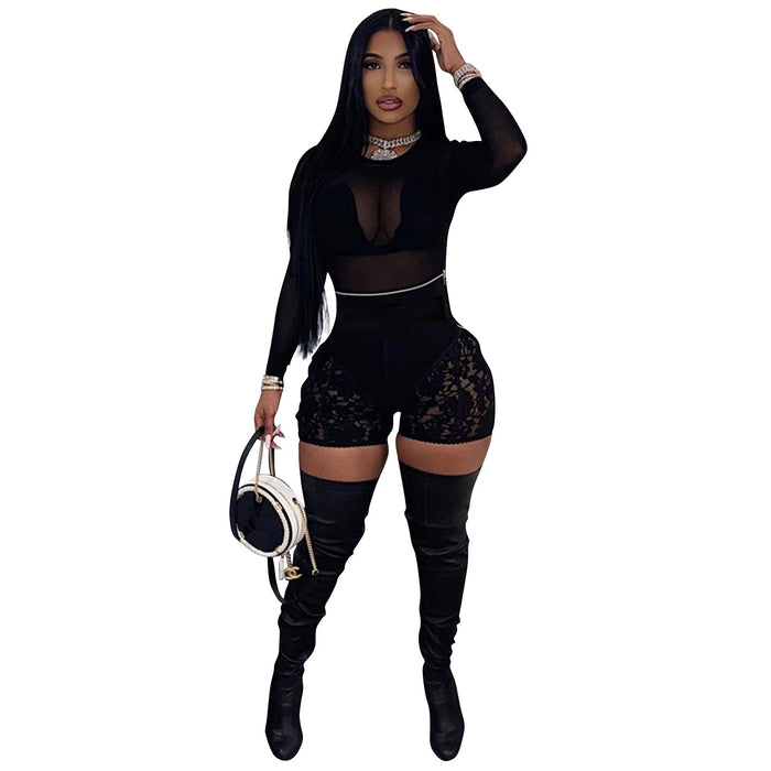 Color-Black-Women Clothing Women Sexy Lace Breathable Casual Shorts Mesh Top Suit-Fancey Boutique