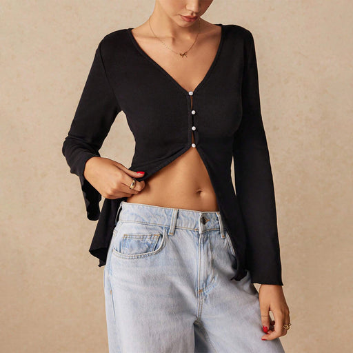 Women Clothing V Neck Sexy T Shirt Autumn Winter Special Interest Design Slim Fit Short Cropped Cardigan Top-Fancey Boutique