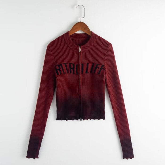 Color-Red-Autumn round Neck Letter Graphic Slim Fit Short Long Sleeve Zipper Women Knitwear Top-Fancey Boutique