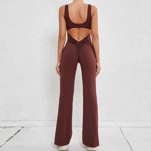 Color-Coffee-Autumn Sand Hollow Out Cutout Beauty Back One Piece Peach Hip Lifting Sport Workout Clothes Micro Pull Yoga Jumpsuit Jumpsuit-Fancey Boutique