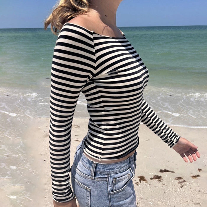 Black White Contrast Color Striped Sexy Slimming Off Shoulder T Shirt Autumn Sexy Off Shoulder Base Long Sleeve Shirt-Fancey Boutique