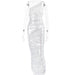 Color-Silver-Metallic Coated Fabric Sexy Sling Diagonal Collar Sling Backless Sheath Slim Knitted Coated Dress-Fancey Boutique