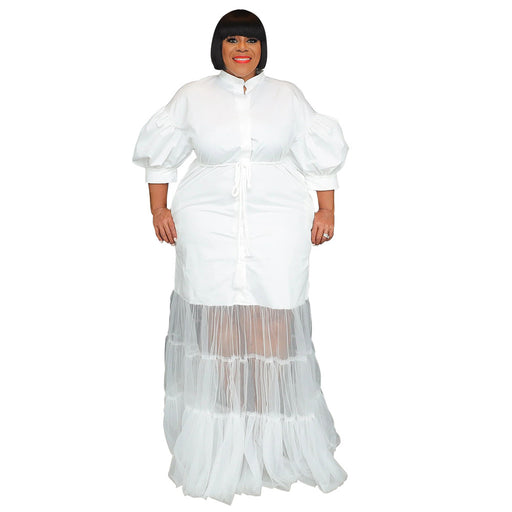 Color-White-Plus Size Short Sleeve Autumn Cardigan Collared Low Cut Dress-Fancey Boutique