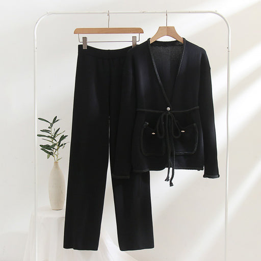 Color-Black-Two Piece Dress Knitted Sweater Solid Color Casual Coat Woven Belt H Type-Fancey Boutique