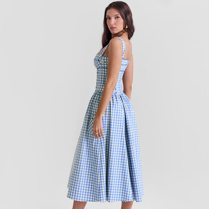 Sexy Women Clothing Summer Pastoral Mid Length Blue Plaid Sling Dress Summer Women High Sense Vacation Dress-Fancey Boutique