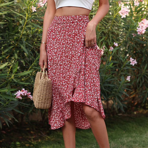 Color-Burgundy-Summer Floral Skirt Red Printed Irregular Asymmetric Skirt-Fancey Boutique
