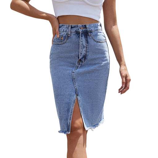 Women Clothing High Waist Fall Mid Length Hip Split Denim Skirt-Blue-Fancey Boutique