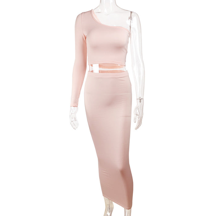 Color-Pink-Fall Women Clothing Long Sleeves Cropped Two-Piece Tight Suit Skirt-Fancey Boutique