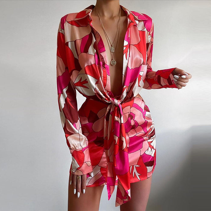 Color-Summer Sexy Women Wear Collared Print Long Sleeve Narrow Shirt Dress-Fancey Boutique