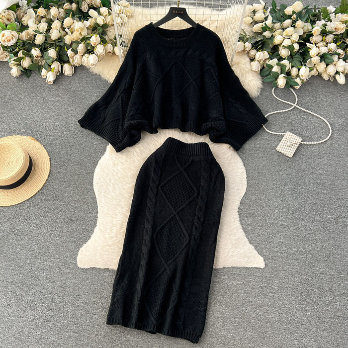Color-French Lazy Two Piece Dress of Knitted Sweater Women Autumn Winter Twist Batwing Sleeve Top Sheath Skirt Set-Fancey Boutique